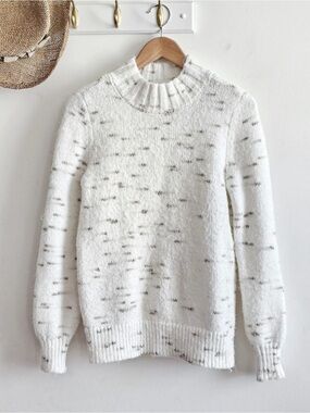LOFT Fuzzy Mock Neck Sweater Medium White Ivory Speckled Soft Knit Cozy Pullover